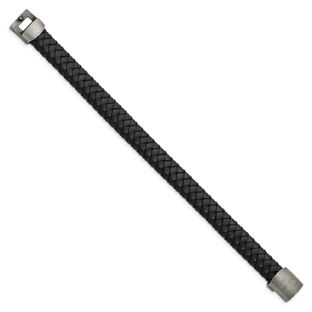 11mm Antiqued Stainless Steel & Black Leather Woven Bracelet, 8.25 In