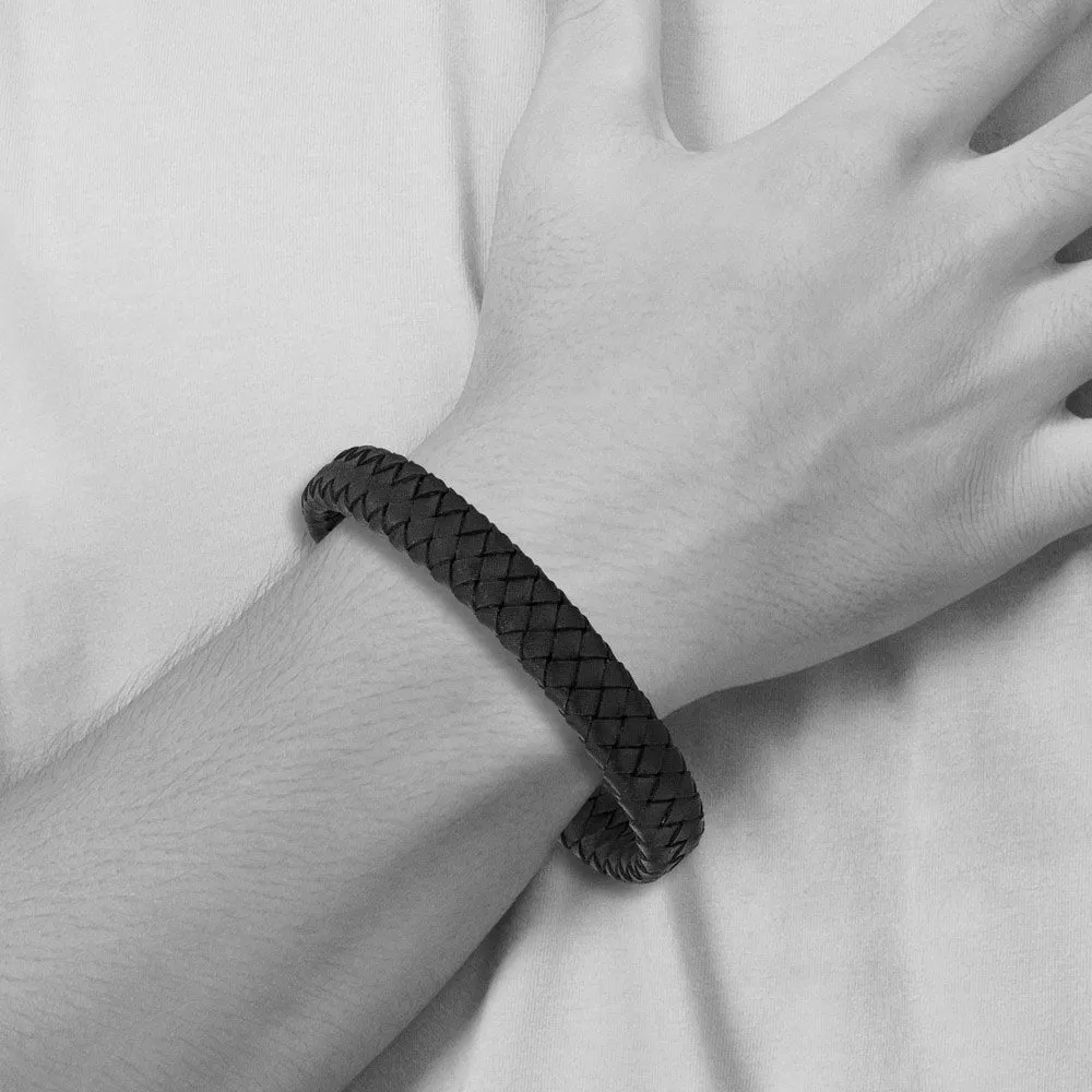 11mm Antiqued Stainless Steel & Black Leather Woven Bracelet, 8.25 In