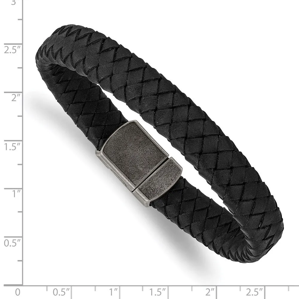 11mm Antiqued Stainless Steel & Black Leather Woven Bracelet, 8.25 In