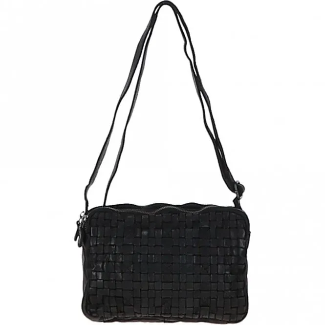 3 Section Vintage Woven Leather Shoulder Bag Black :  D-71