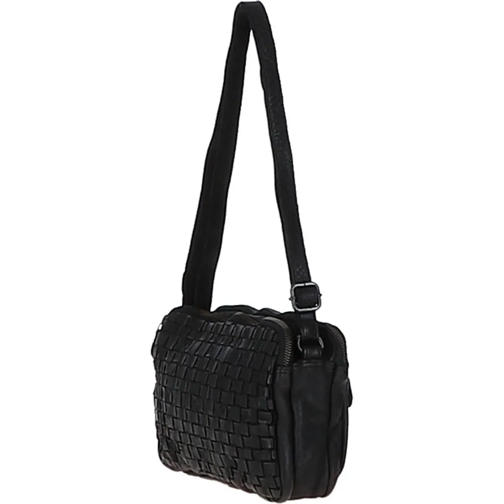 3 Section Vintage Woven Leather Shoulder Bag Black :  D-71