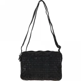 3 Section Vintage Woven Leather Shoulder Bag Black :  D-71