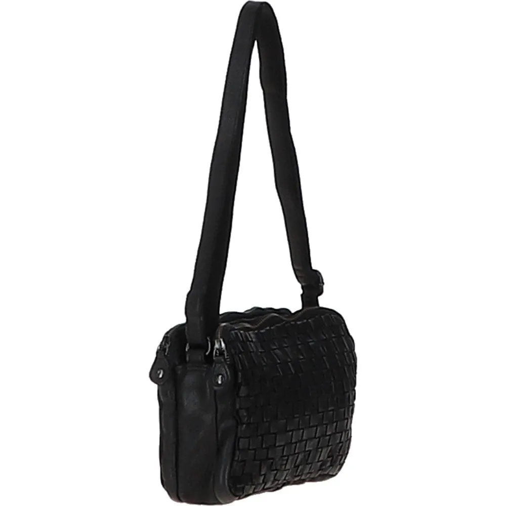 3 Section Vintage Woven Leather Shoulder Bag Black :  D-71