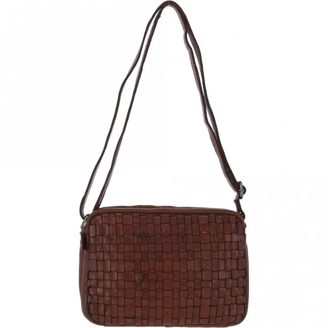 3 Section Vintage Woven Leather Shoulder Bag Cognac :  D-71