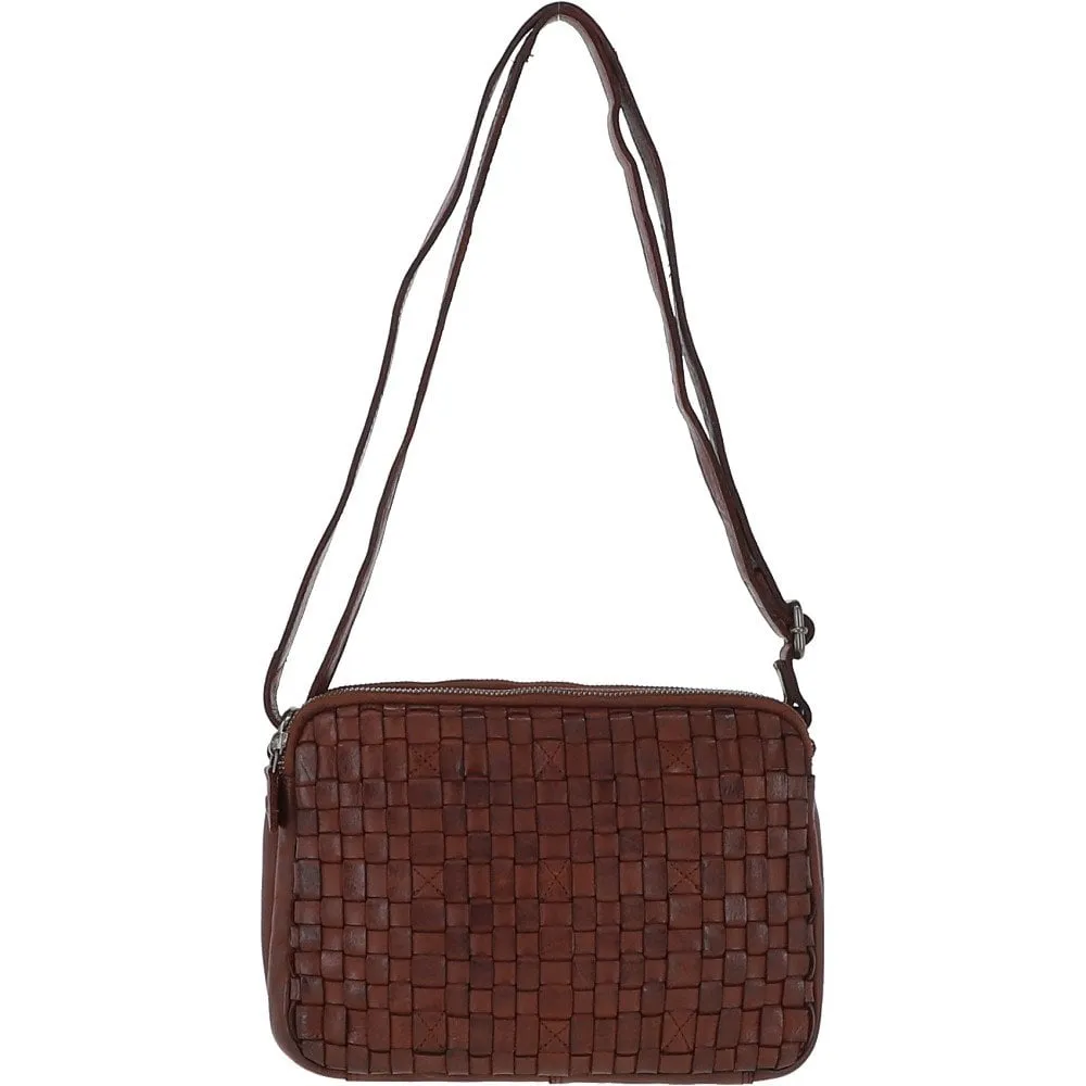 3 Section Vintage Woven Leather Shoulder Bag Cognac :  D-71