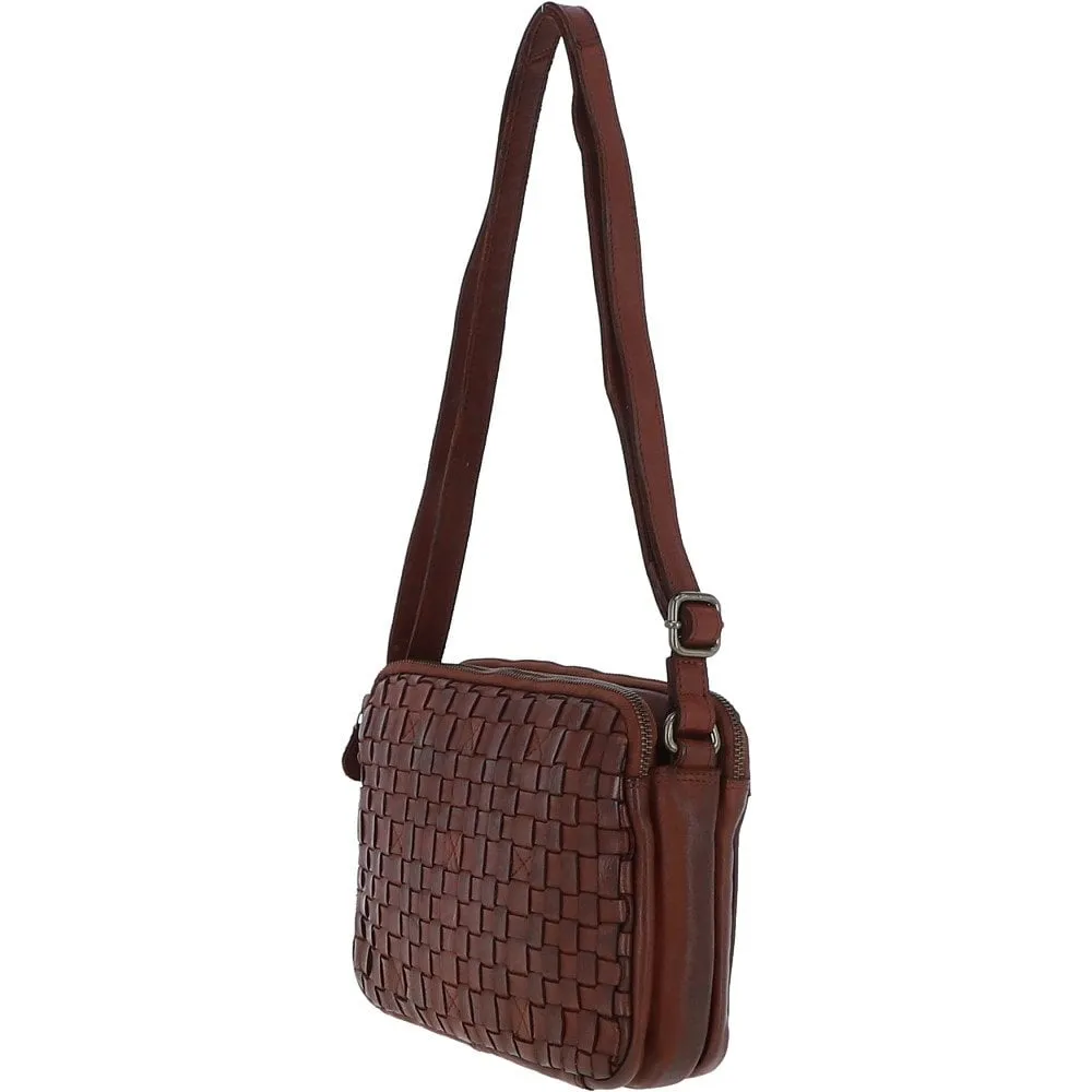 3 Section Vintage Woven Leather Shoulder Bag Cognac :  D-71