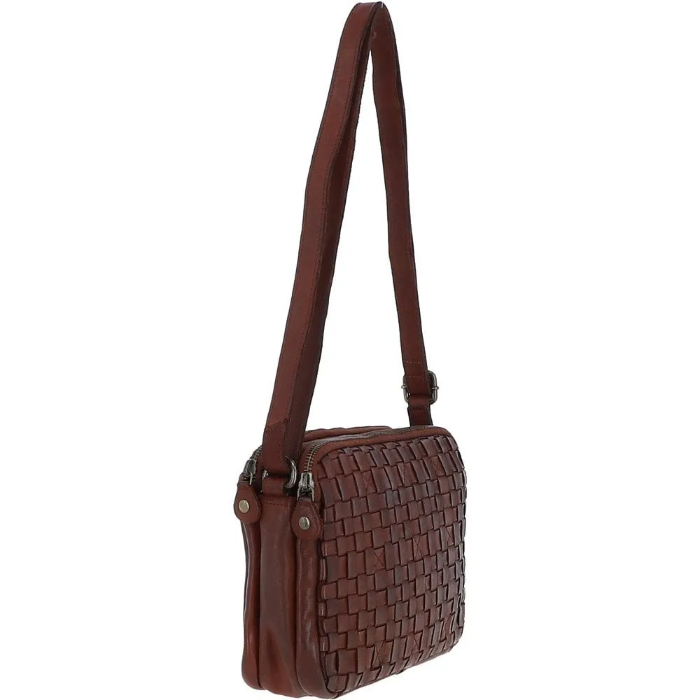 3 Section Vintage Woven Leather Shoulder Bag Cognac :  D-71