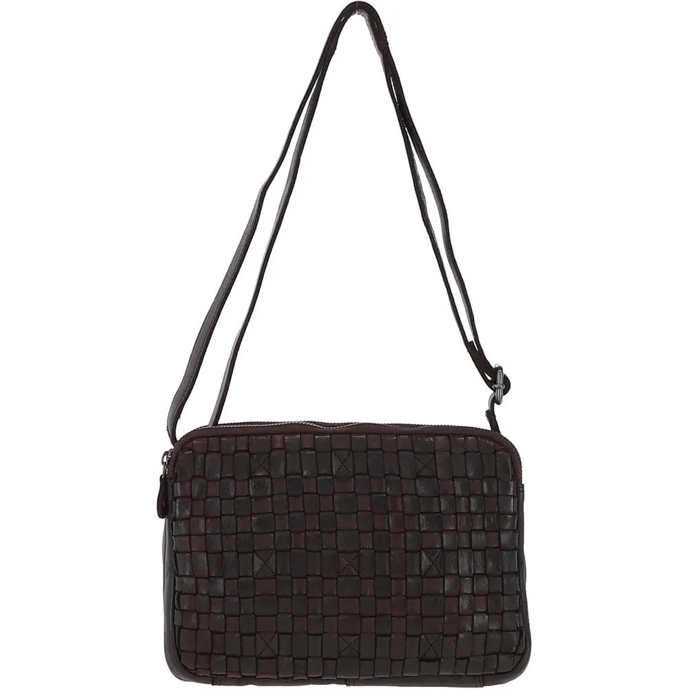 3 Section Vintage Woven Leather Shoulder Bag Dark Brown :  D-71