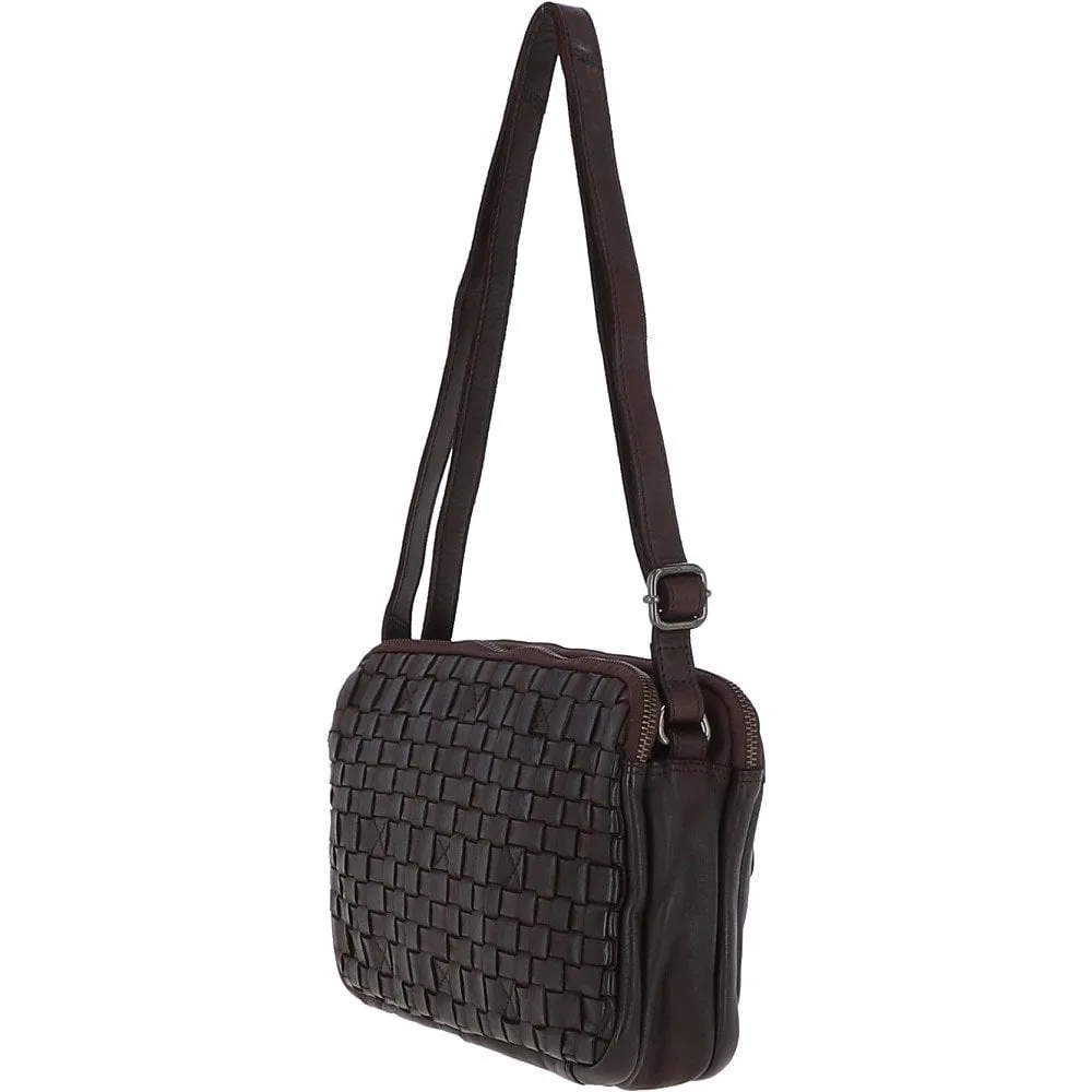 3 Section Vintage Woven Leather Shoulder Bag Dark Brown :  D-71