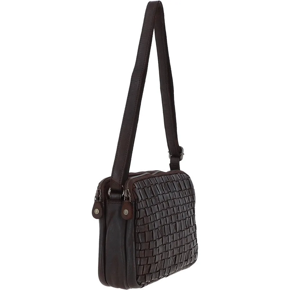 3 Section Vintage Woven Leather Shoulder Bag Dark Brown :  D-71