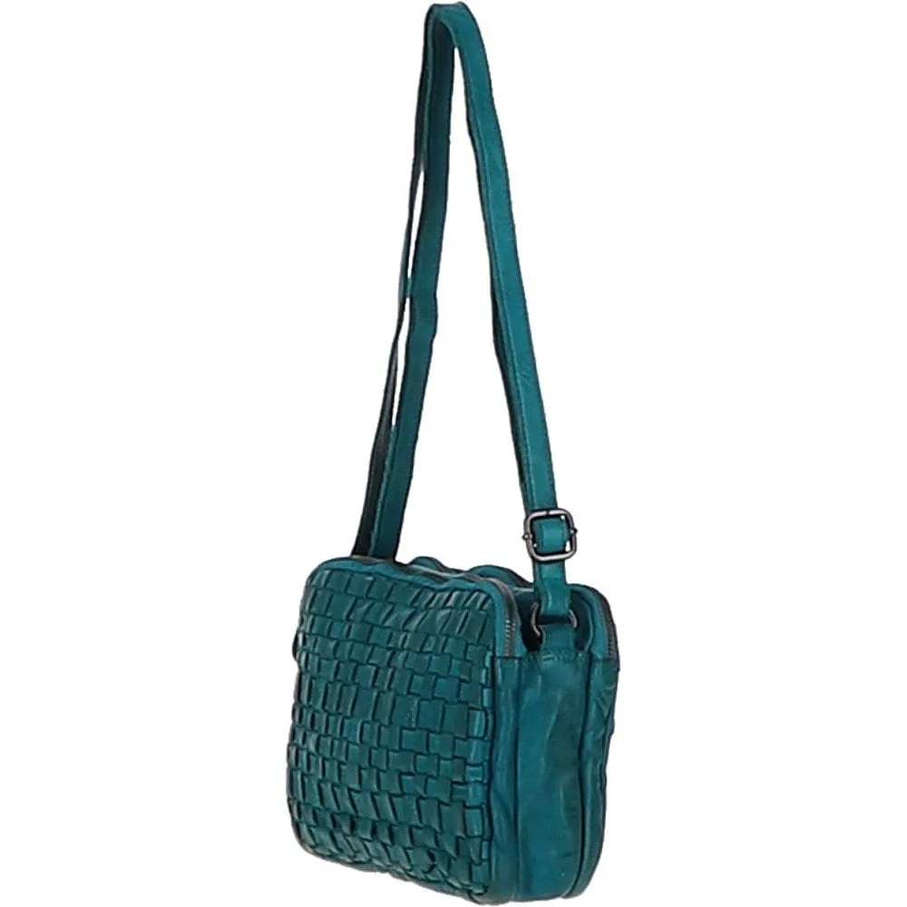 3 Section Vintage Woven Leather Shoulder Bag Turquise :  D-71