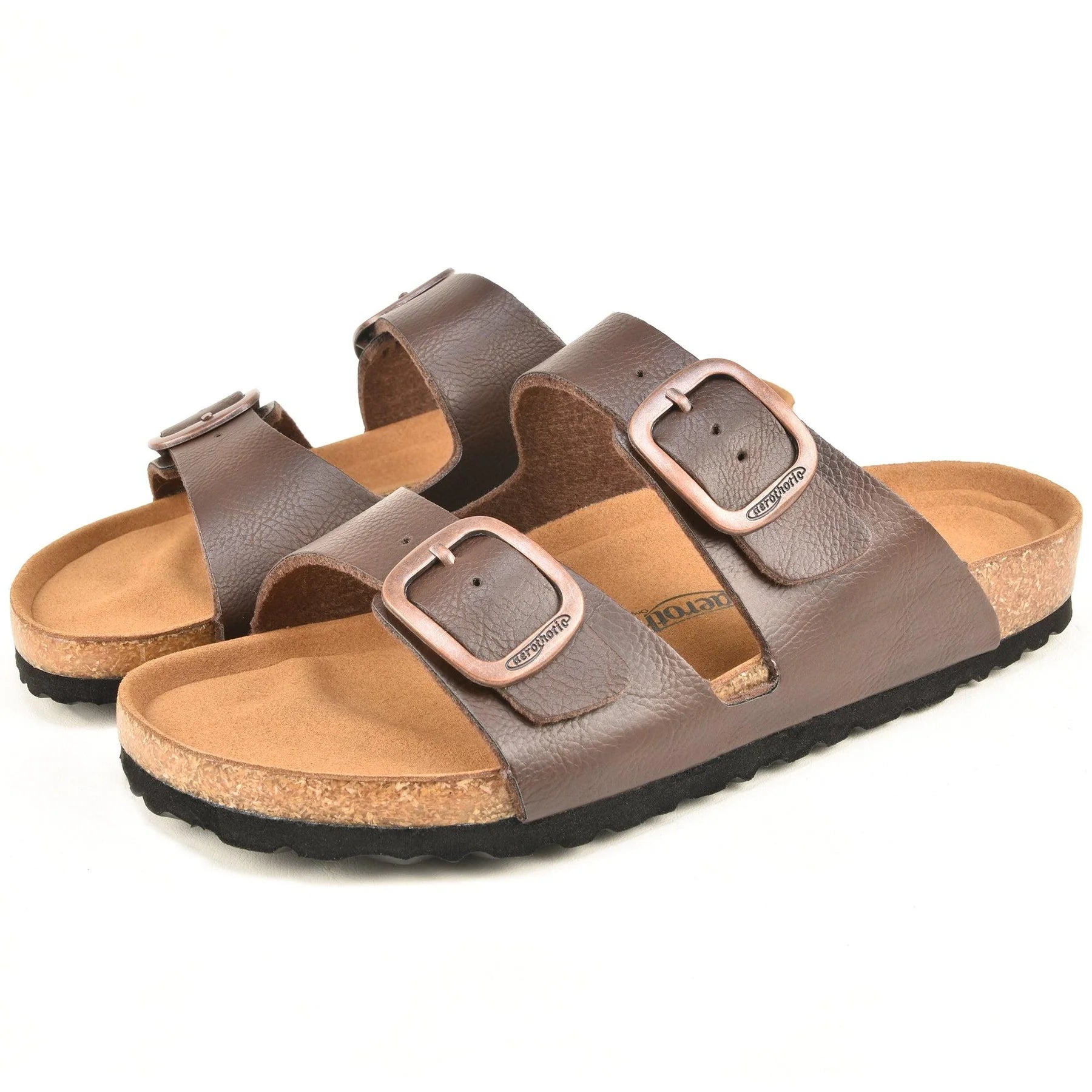 Aerothotic Arete Dual Strap Slide Sandals in Brown