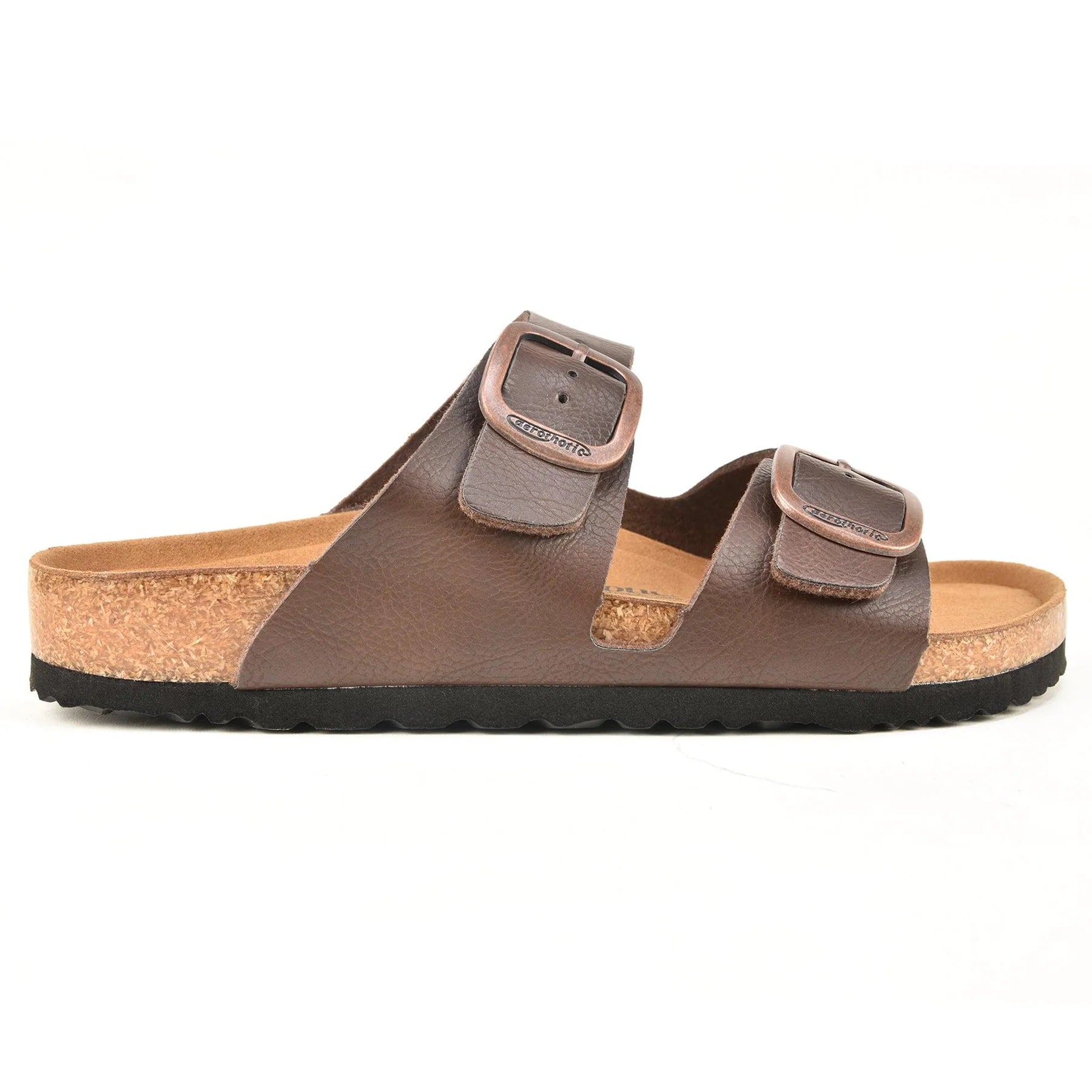 Aerothotic Arete Dual Strap Slide Sandals in Brown