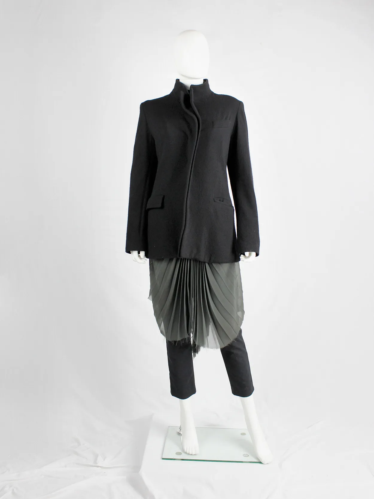 A.F. Vandevorst black wool coat with forward closing front and boning — fall 2000