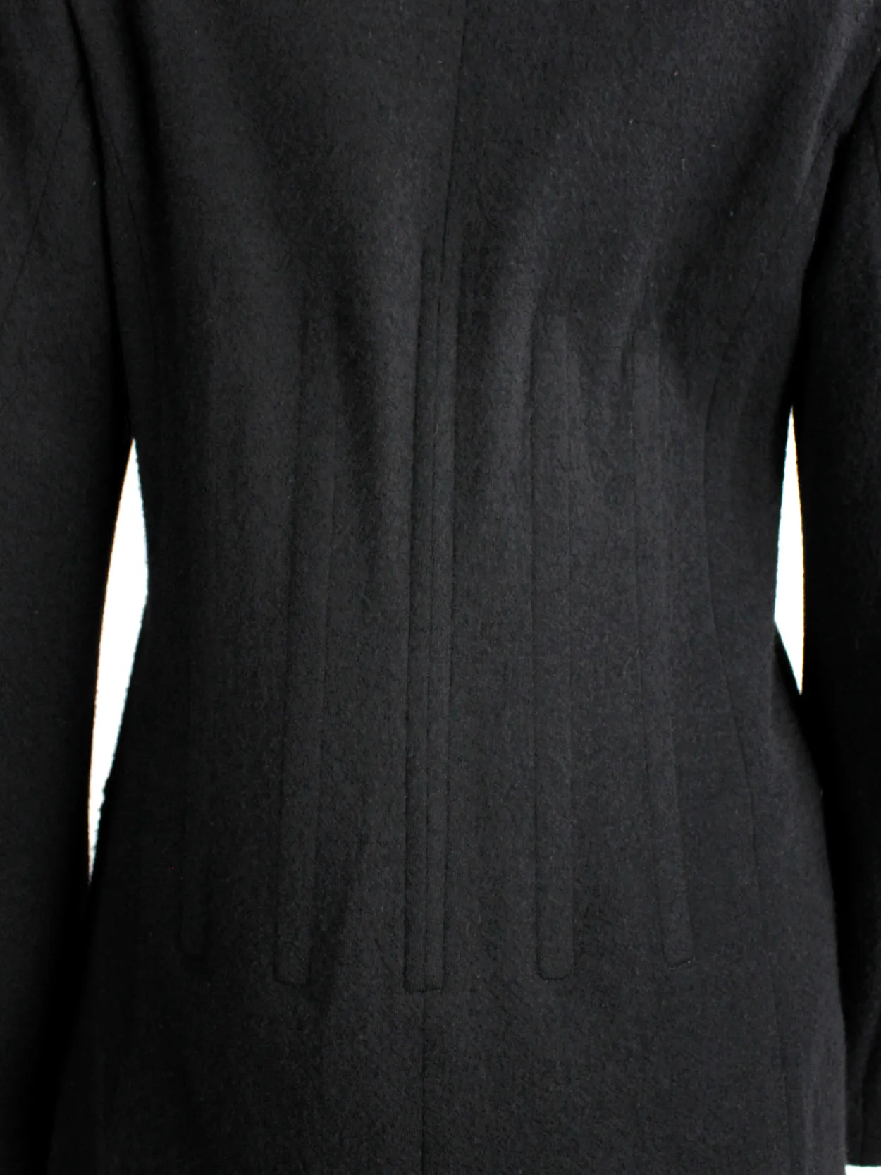 A.F. Vandevorst black wool coat with forward closing front and boning — fall 2000