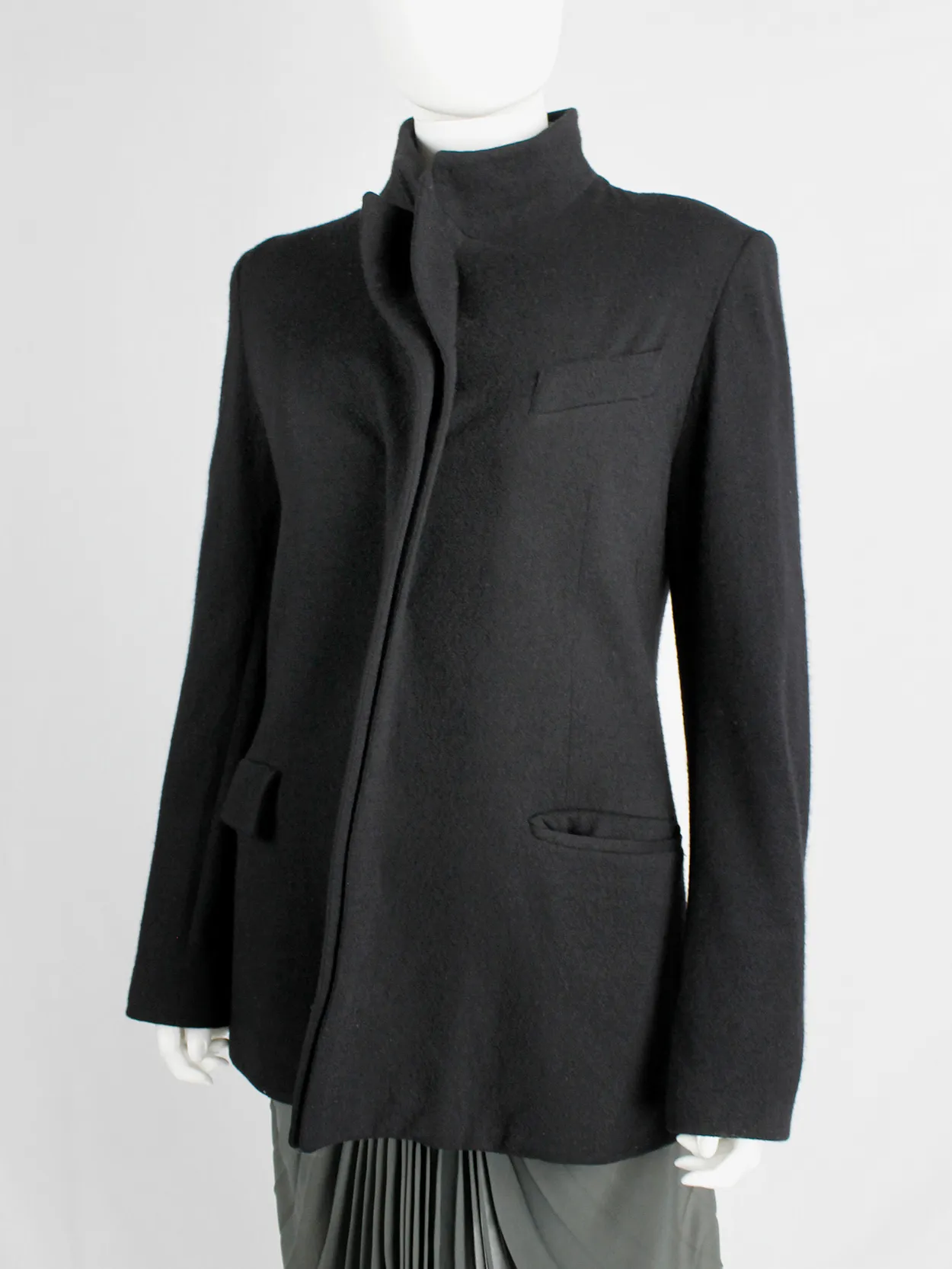 A.F. Vandevorst black wool coat with forward closing front and boning — fall 2000