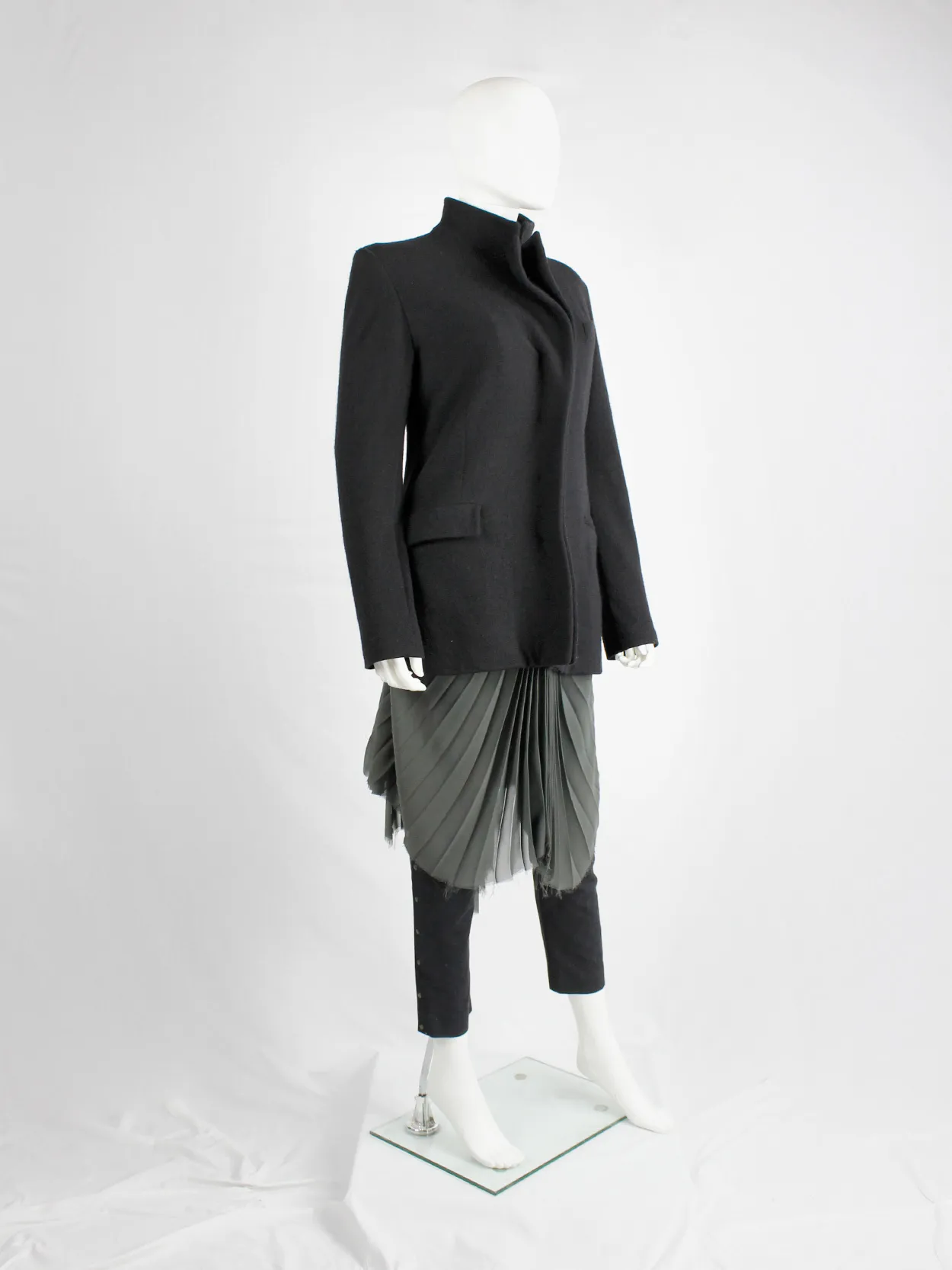 A.F. Vandevorst black wool coat with forward closing front and boning — fall 2000