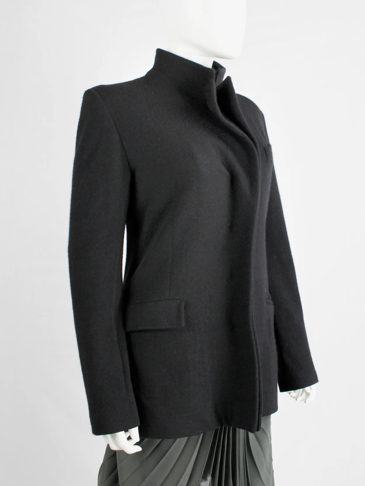 A.F. Vandevorst black wool coat with forward closing front and boning — fall 2000