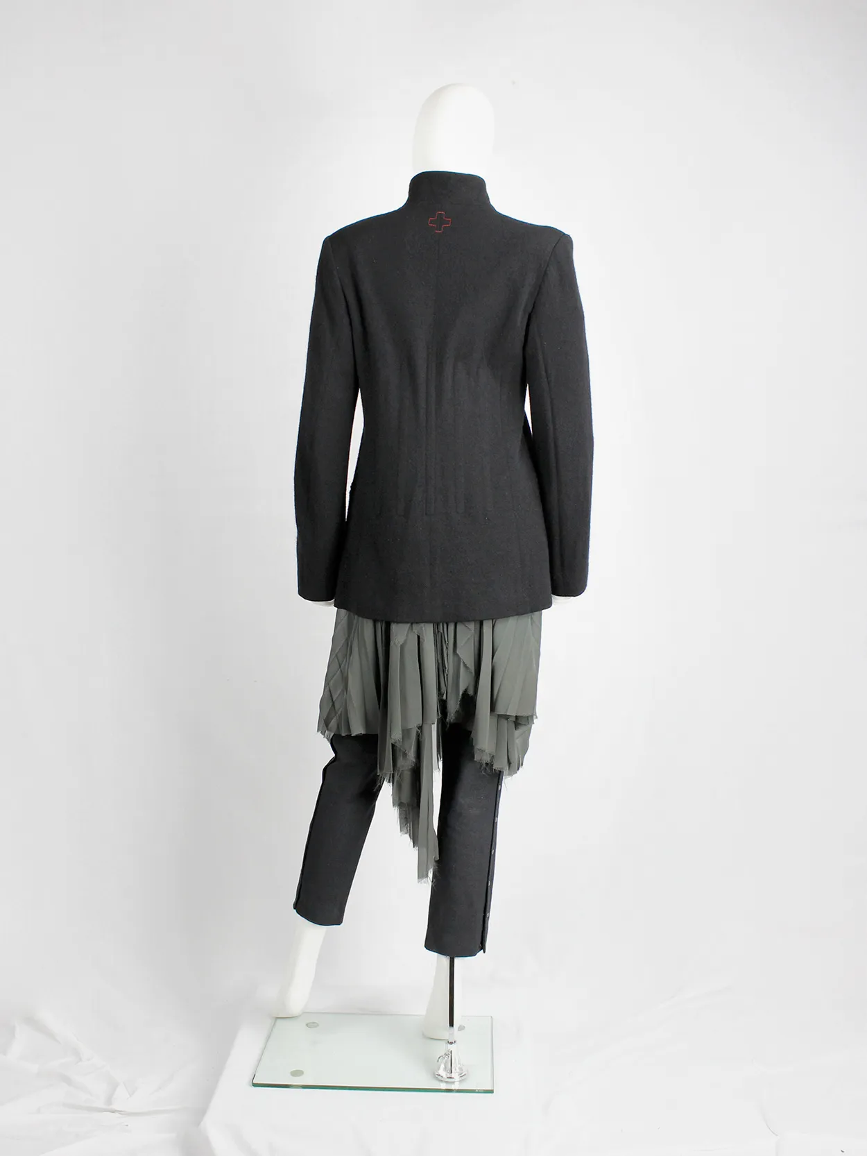 A.F. Vandevorst black wool coat with forward closing front and boning — fall 2000