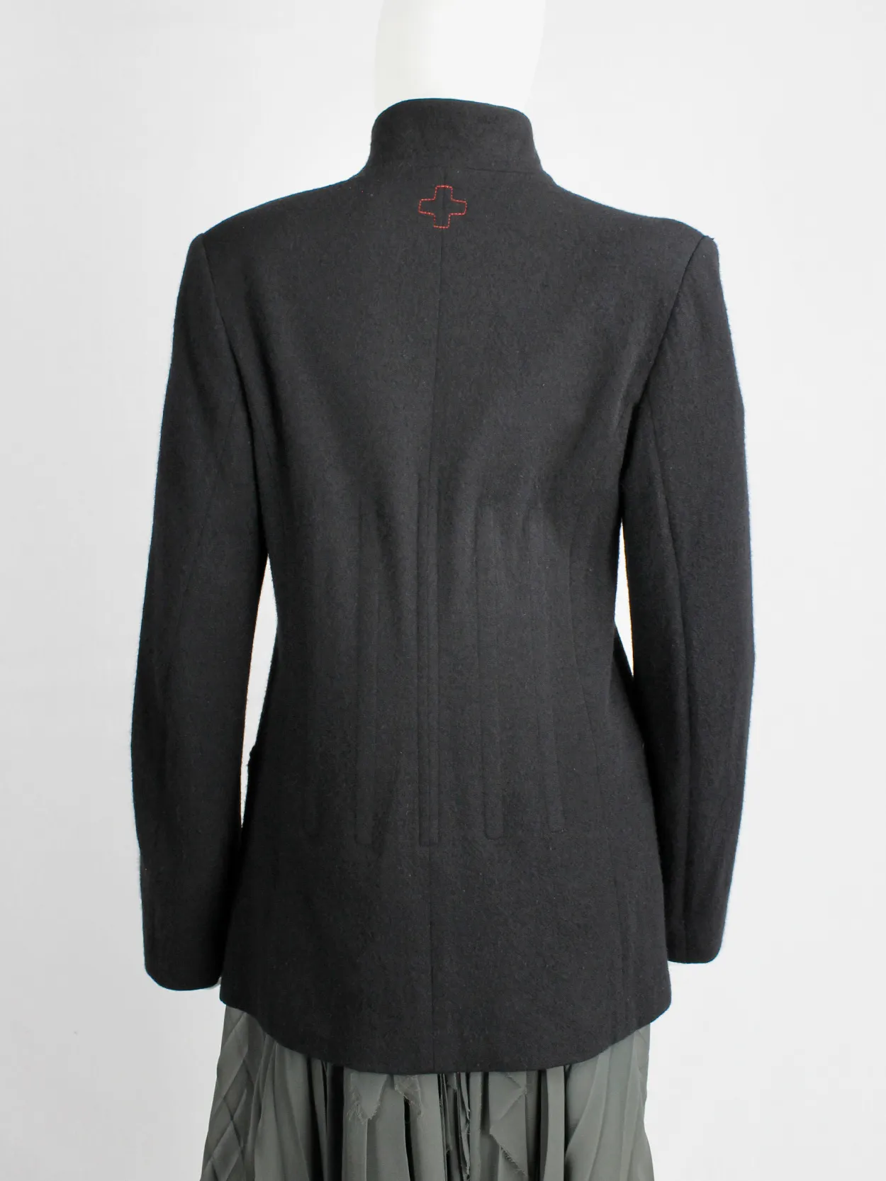 A.F. Vandevorst black wool coat with forward closing front and boning — fall 2000