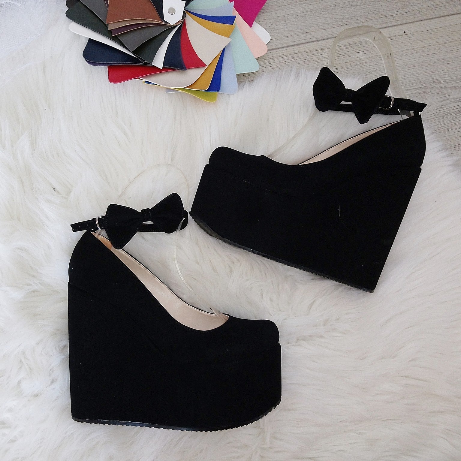 Ankle Strap  Black Faux Suede High Heel Wedge Shoes