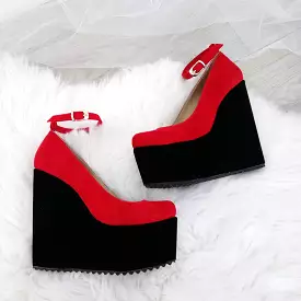 Ankle Strap Red Black Faux Suede High Heel Wedge Shoes