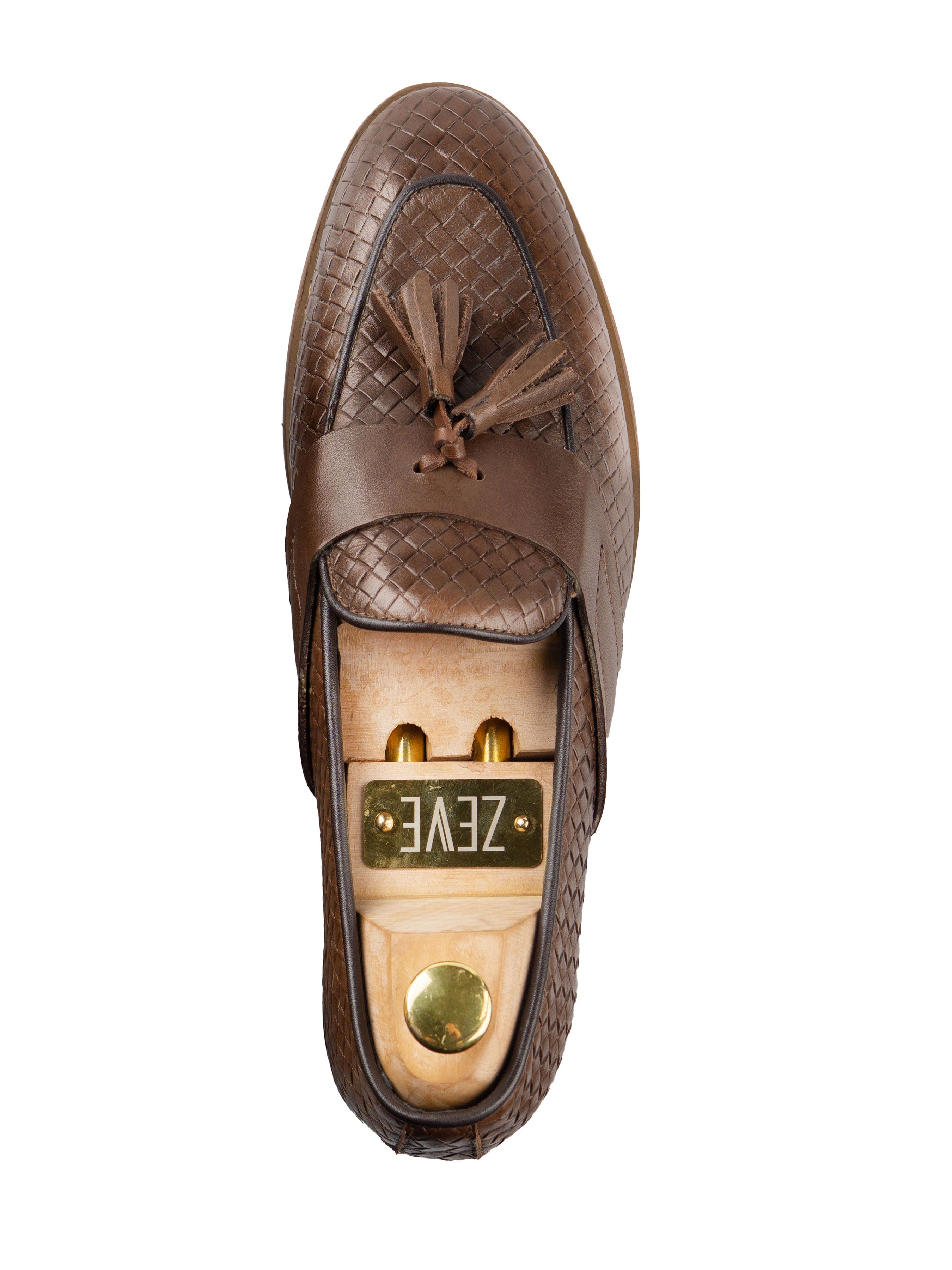 Belgian Loafer Tassel - Coffee Woven Leather with Solid Strap