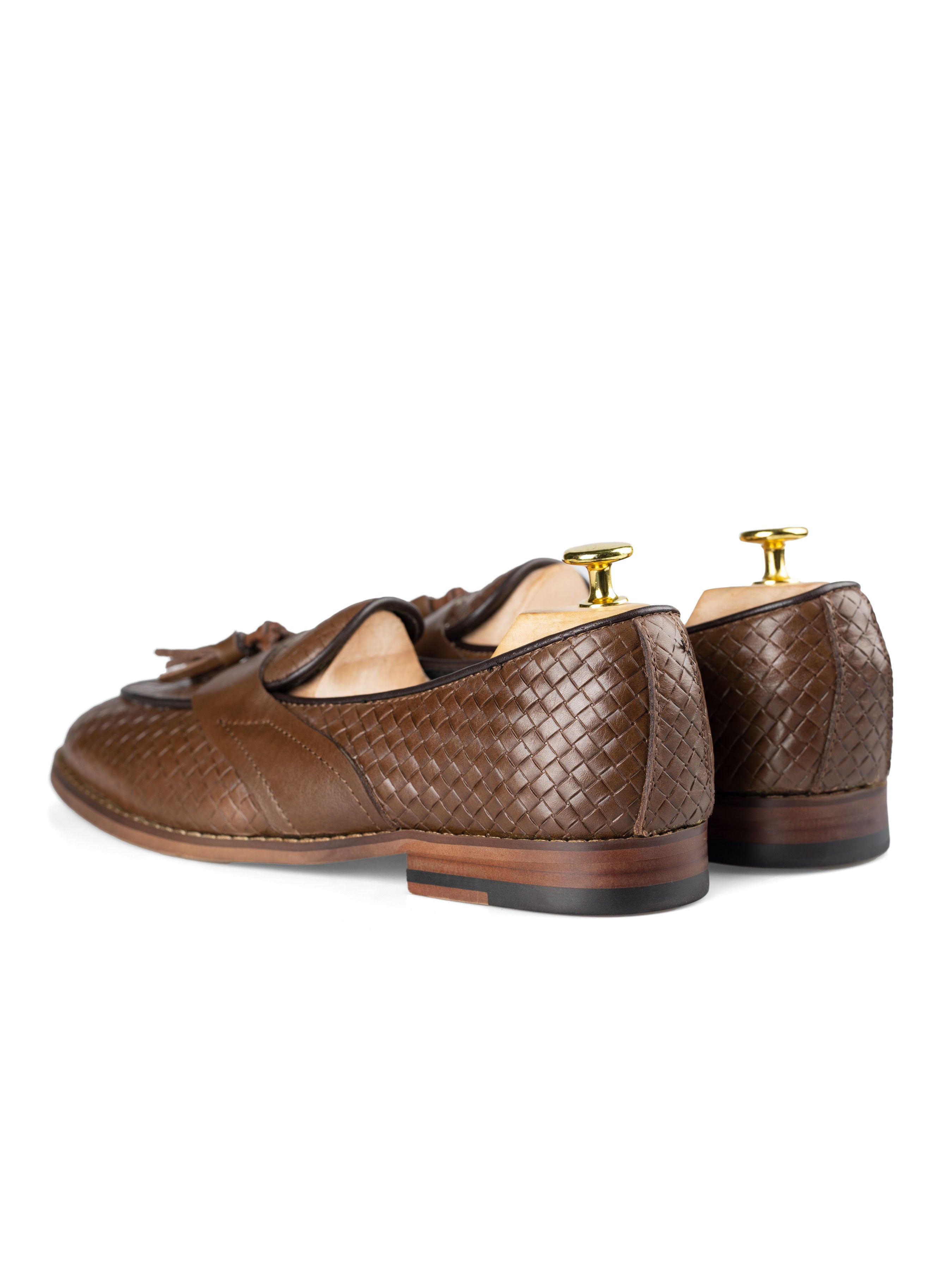 Belgian Loafer Tassel - Coffee Woven Leather with Solid Strap