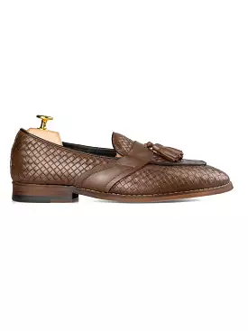 Belgian Loafer Tassel - Coffee Woven Leather with Solid Strap