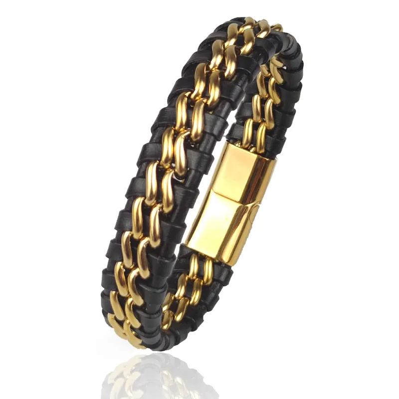 Black Leather Woven Gold Stainless Steel Magnetic Bracelet