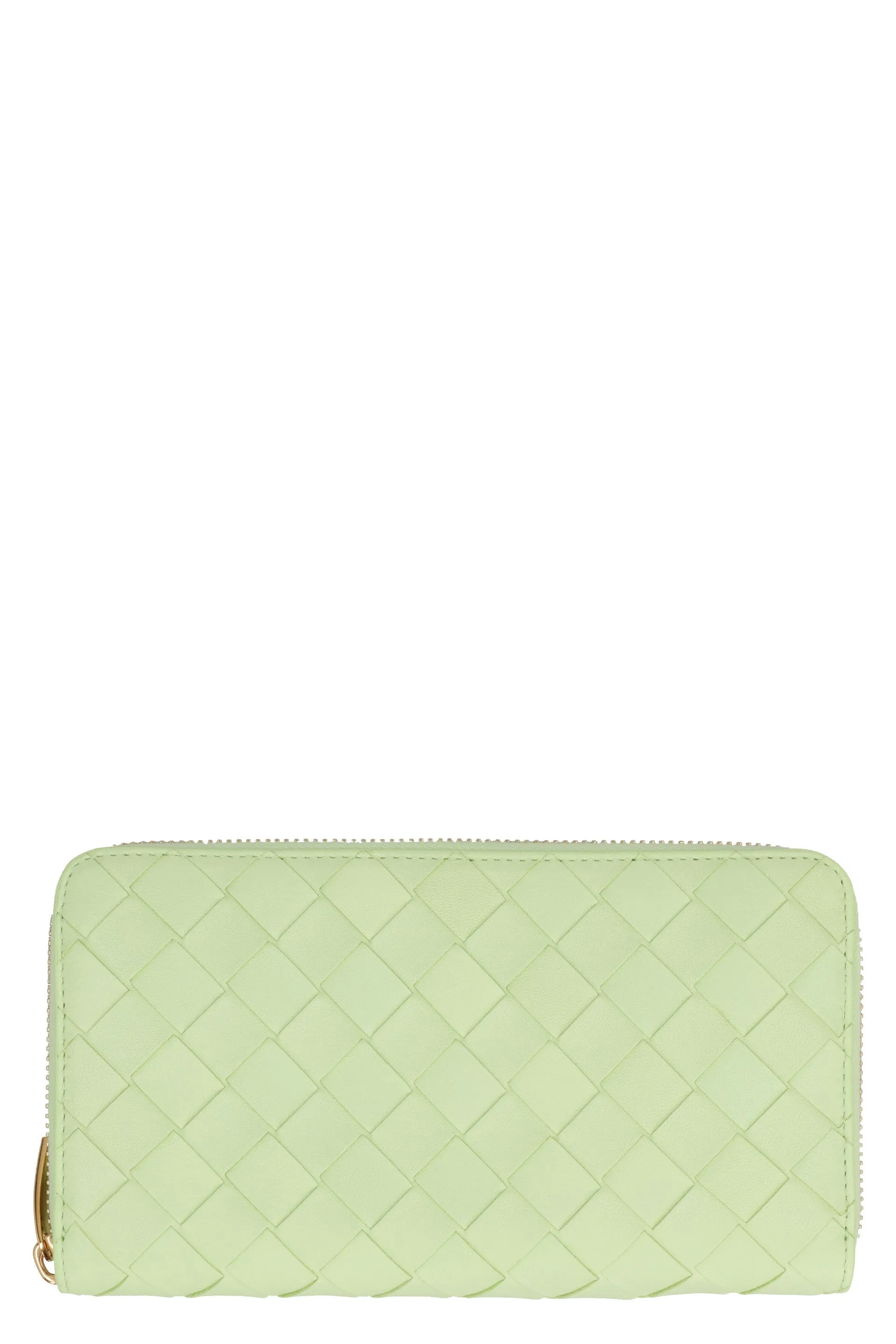 BOTTEGA VENETA Green Woven Leather Zip Around Wallet for Women