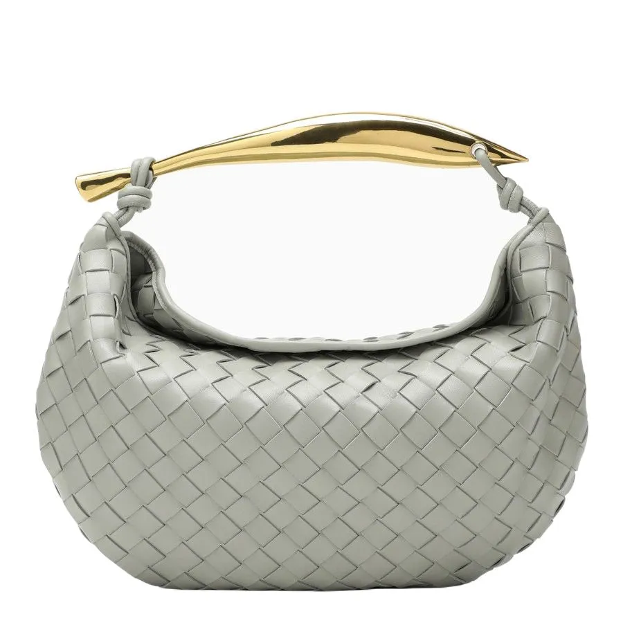 BOTTEGA VENETA Intrecciato Woven Gray Leather Mini Handbag with Gold-Tone Handle, Magnetic Closure – Women’s Fall/Winter 2023