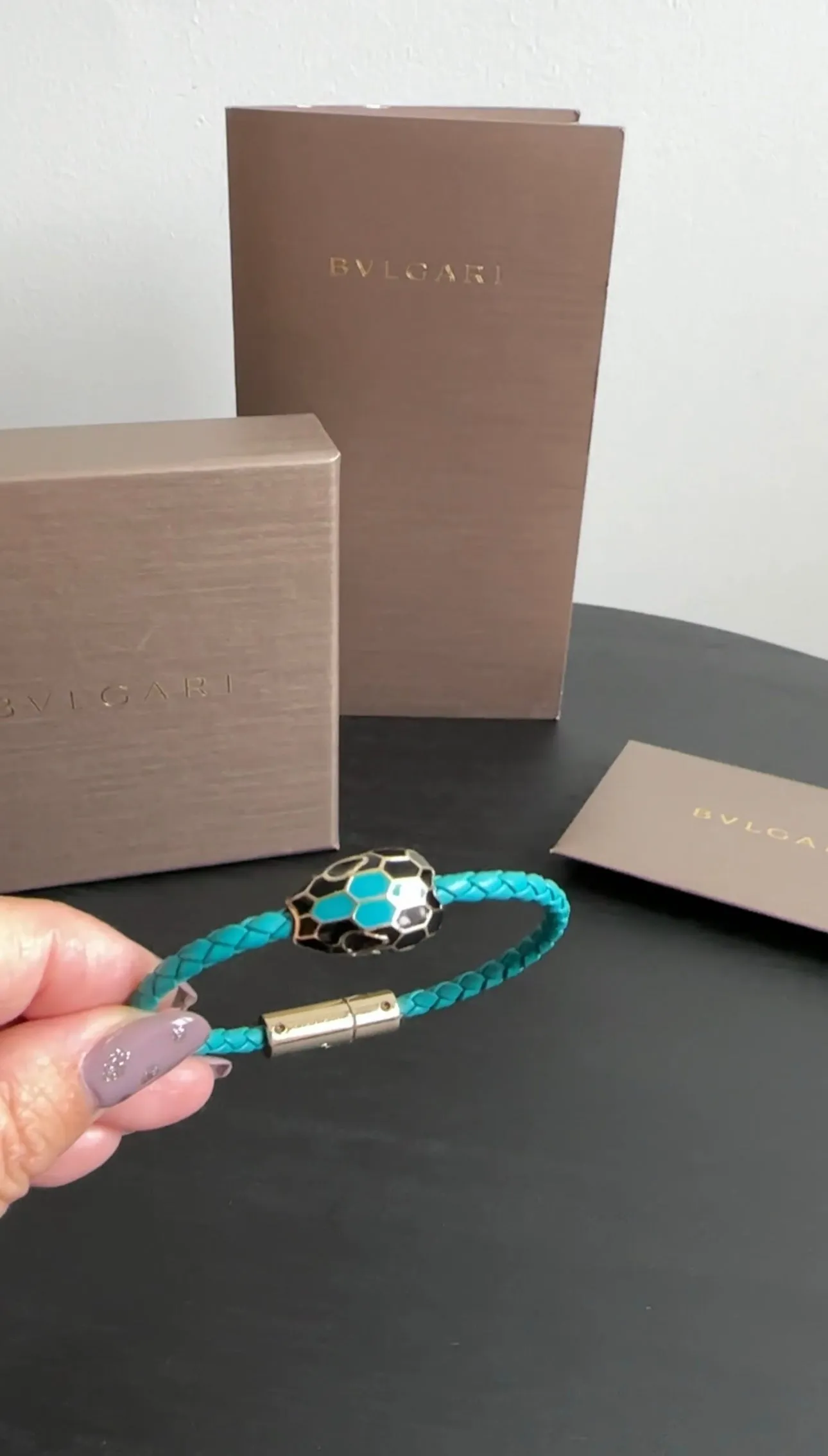 Bvlgari Turquoise Green Serpenti Snake Woven Leather Bracelet