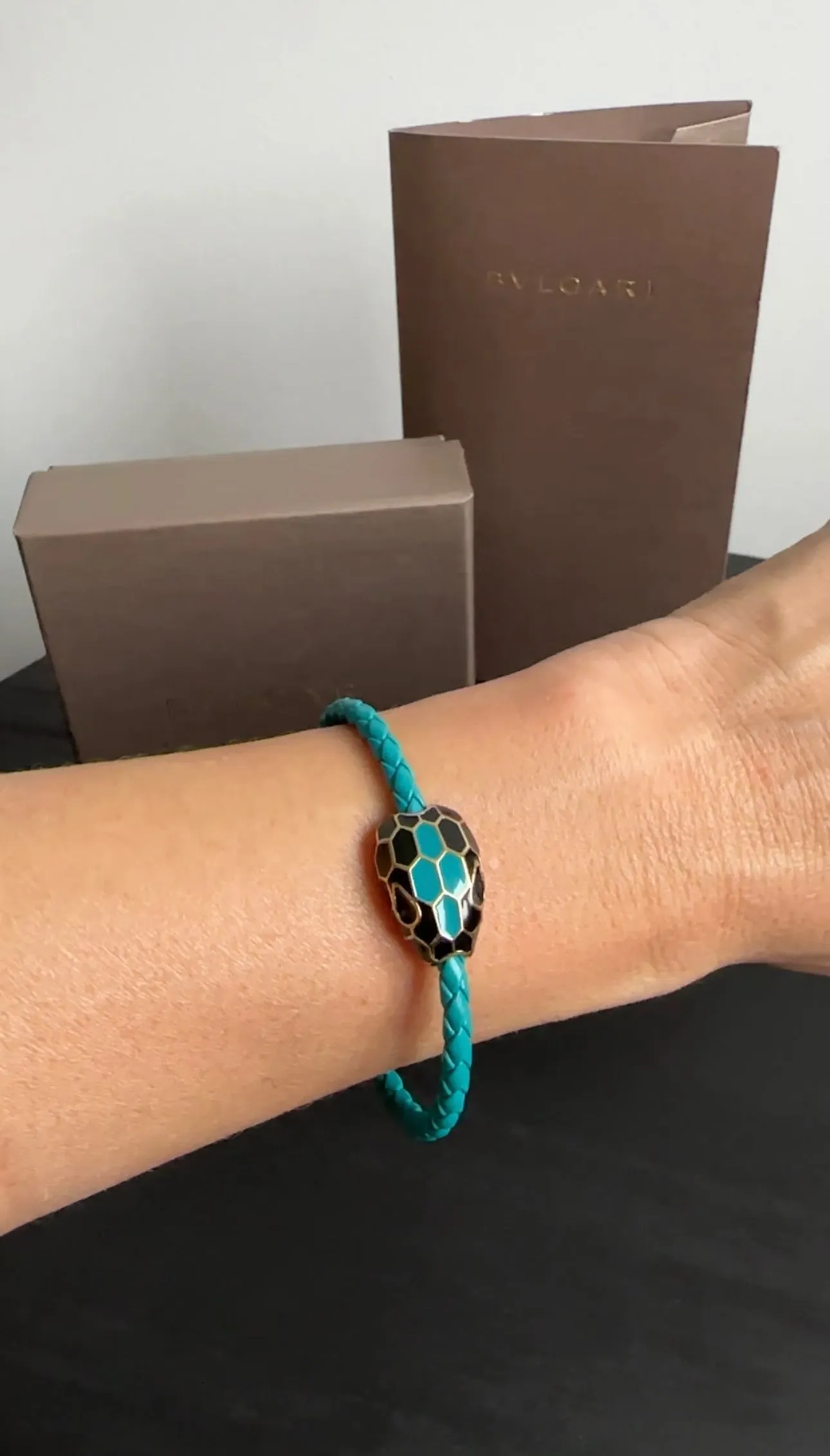 Bvlgari Turquoise Green Serpenti Snake Woven Leather Bracelet