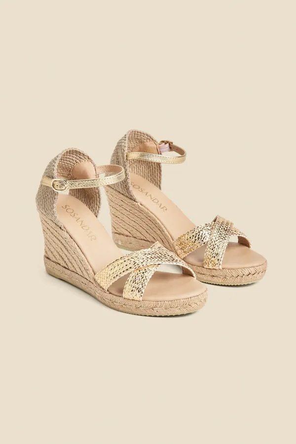 Champagne Gold Ankle Strap High Wedge Espadrille