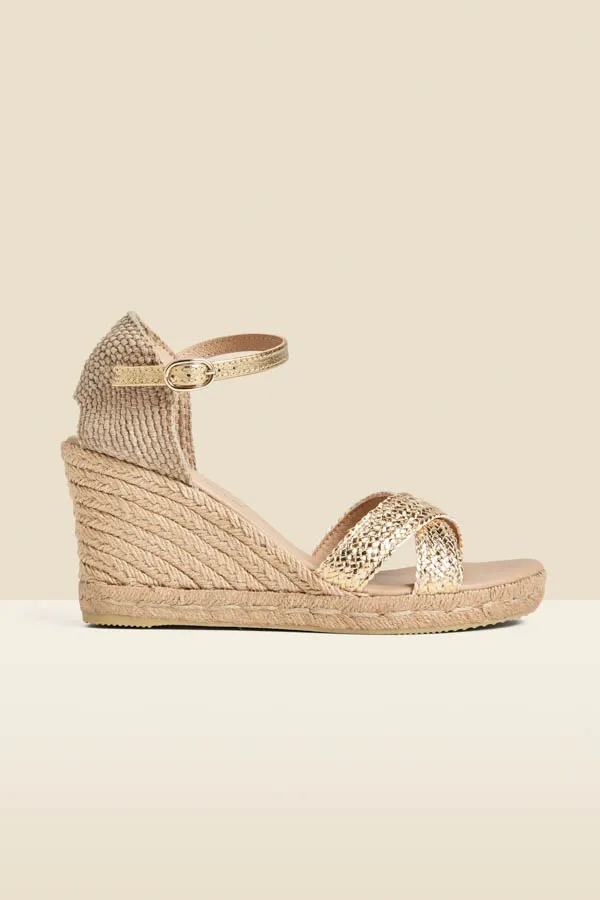 Champagne Gold Ankle Strap High Wedge Espadrille