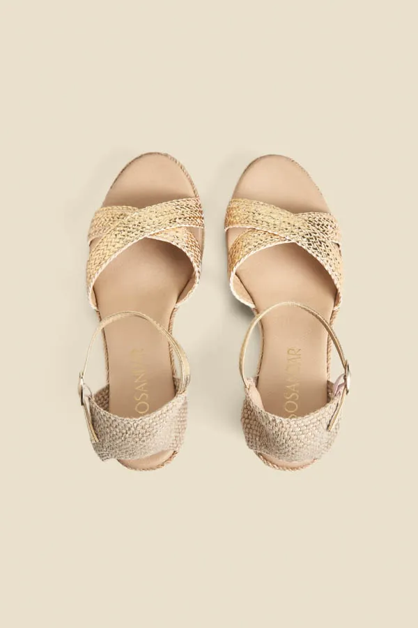 Champagne Gold Ankle Strap High Wedge Espadrille