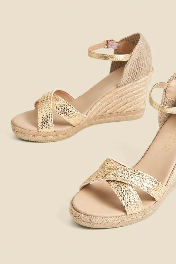 Champagne Gold Ankle Strap High Wedge Espadrille