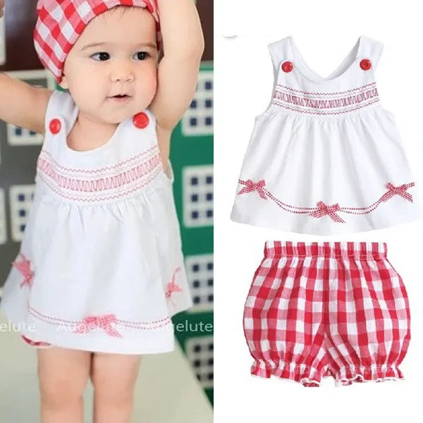 Cute Infant Bbay Girls Plaid Short Pants Clothes Sets Sleeveless Tops Scarf 3pcs Outfit Kids Clothing Set SM6