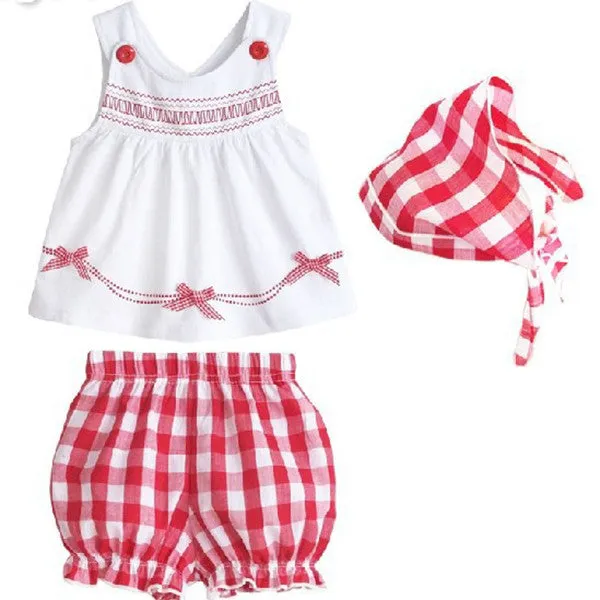 Cute Infant Bbay Girls Plaid Short Pants Clothes Sets Sleeveless Tops Scarf 3pcs Outfit Kids Clothing Set SM6