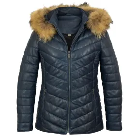 Daisy: Women's Navy Leather Padded Coat