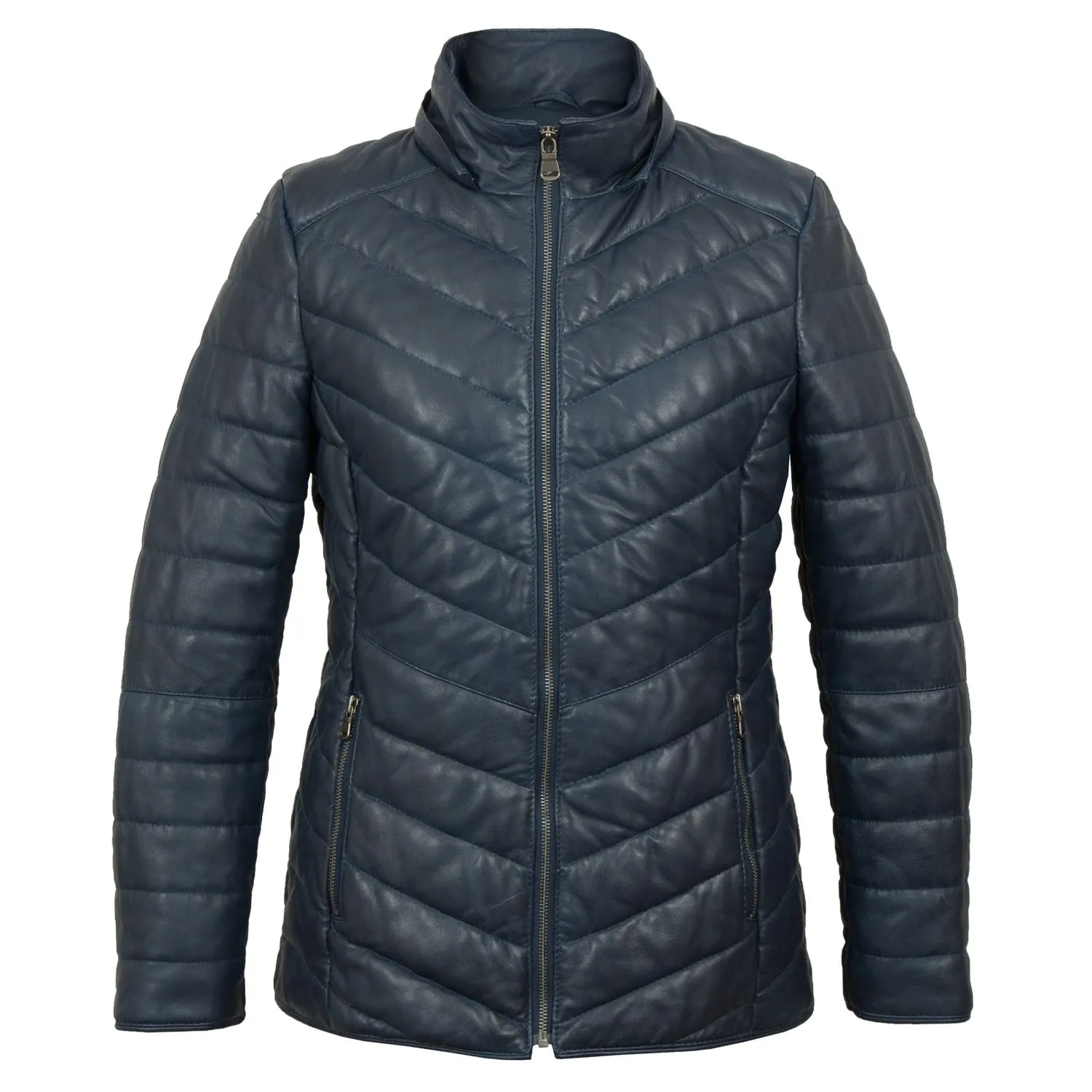 Daisy: Women's Navy Leather Padded Coat