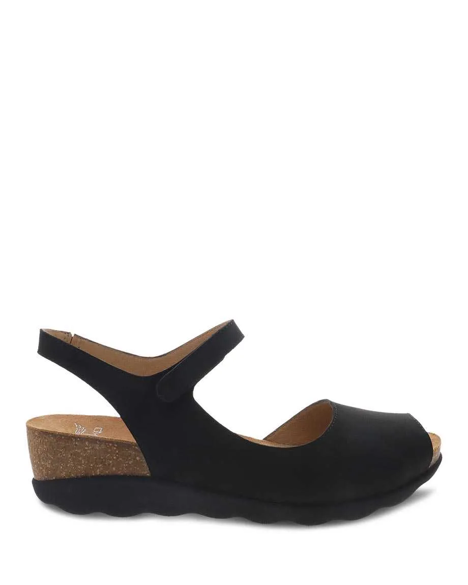 Dansko Marcy Open Toe Wedge Sandal- Black Nubuck