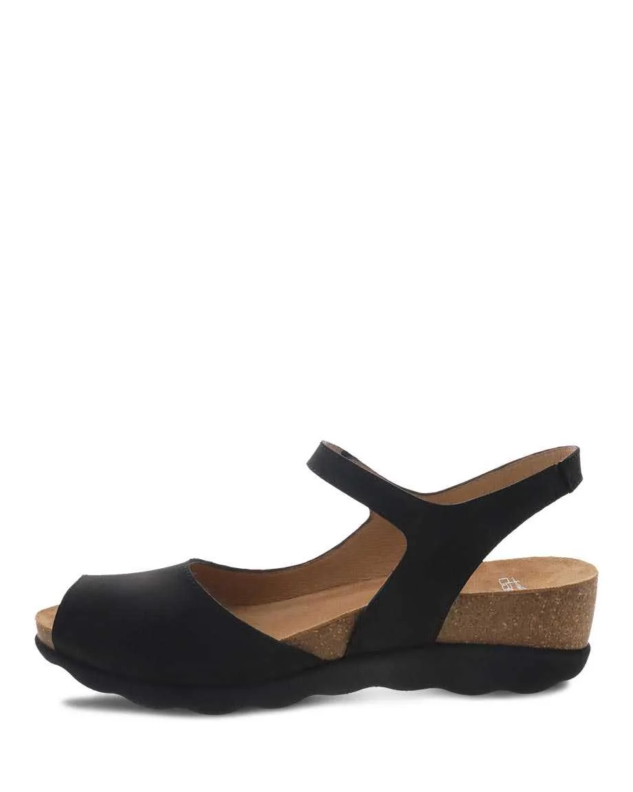 Dansko Marcy Open Toe Wedge Sandal- Black Nubuck