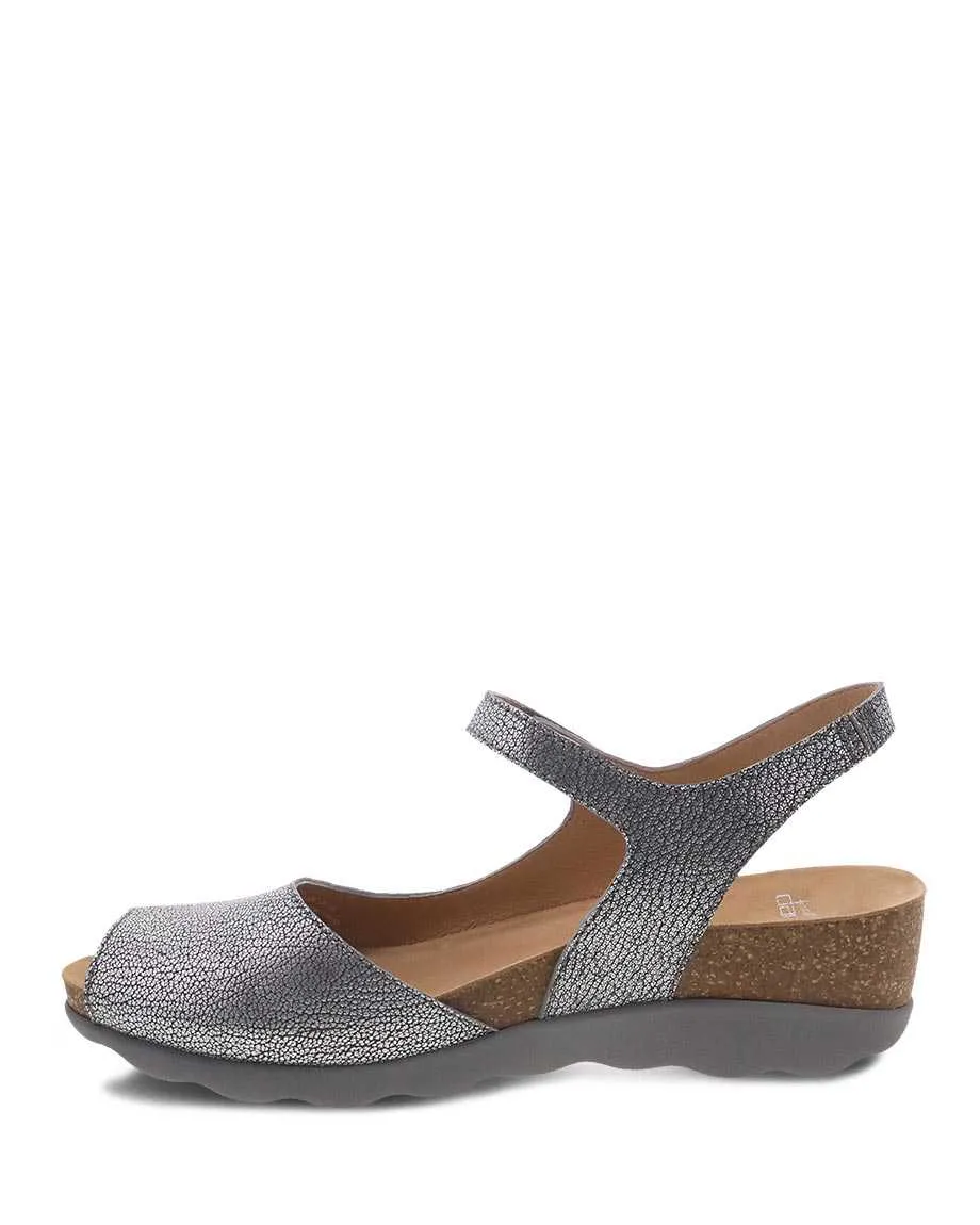 Dansko Womens Marcy Open Toe Wedge Sandal- Metallic Pewter