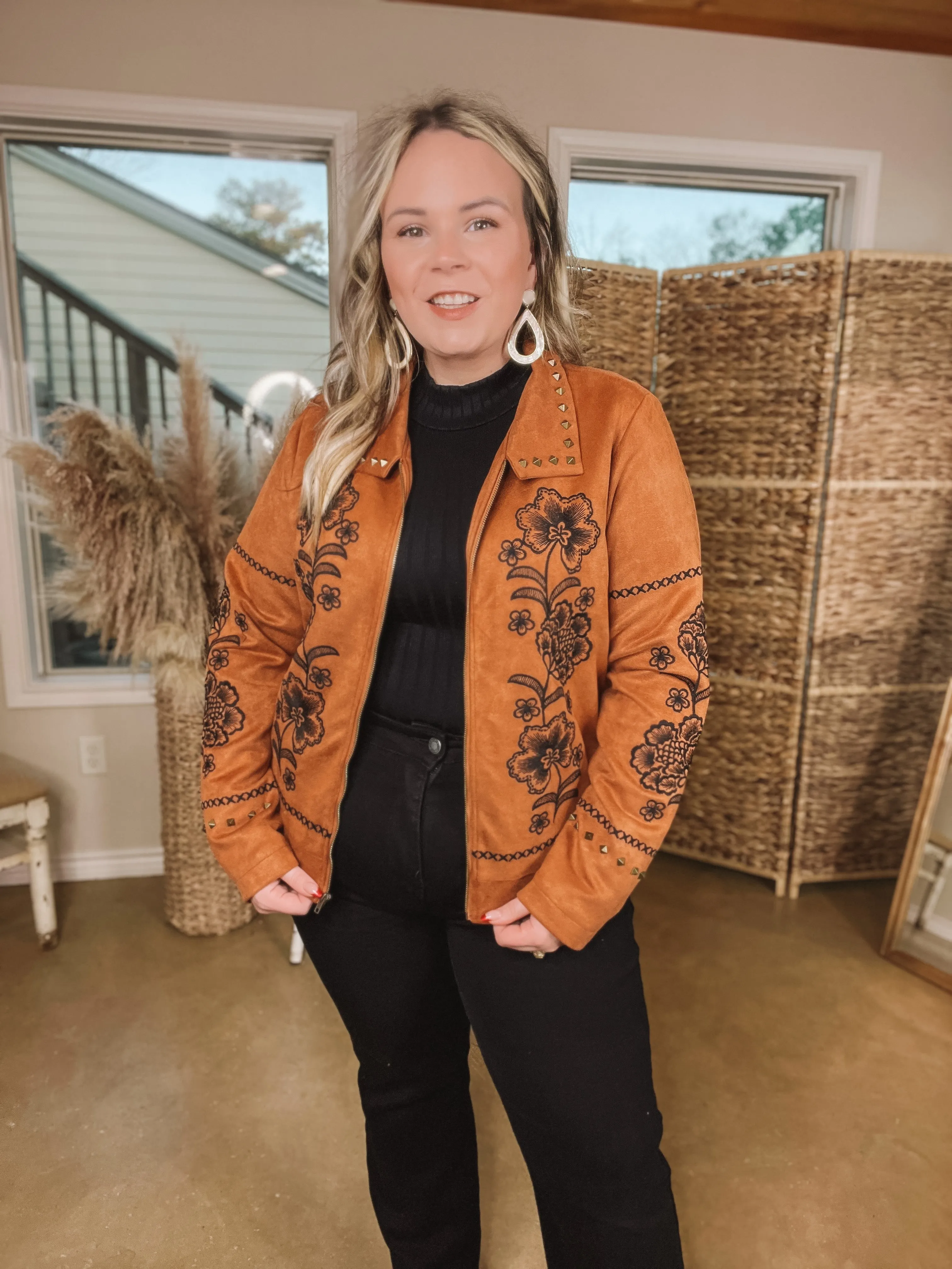 Downtown Elegance Floral Embroidered Suede Jacket with Studded Collar in Brown