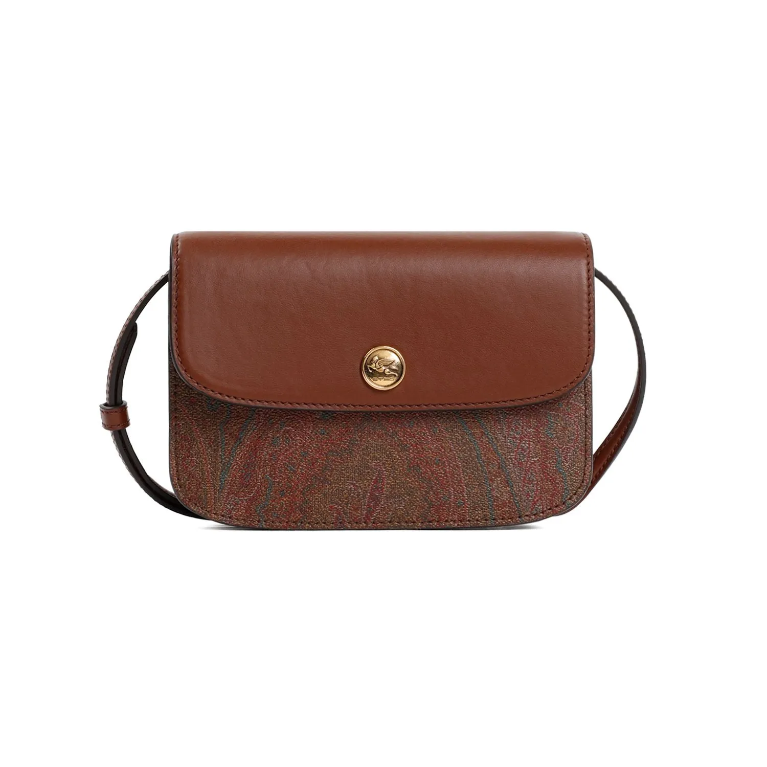 ETRO Essential Paisley Mini Crossbody Bag with Leather Flap and Suede Interior, Adjustable Strap - Brown