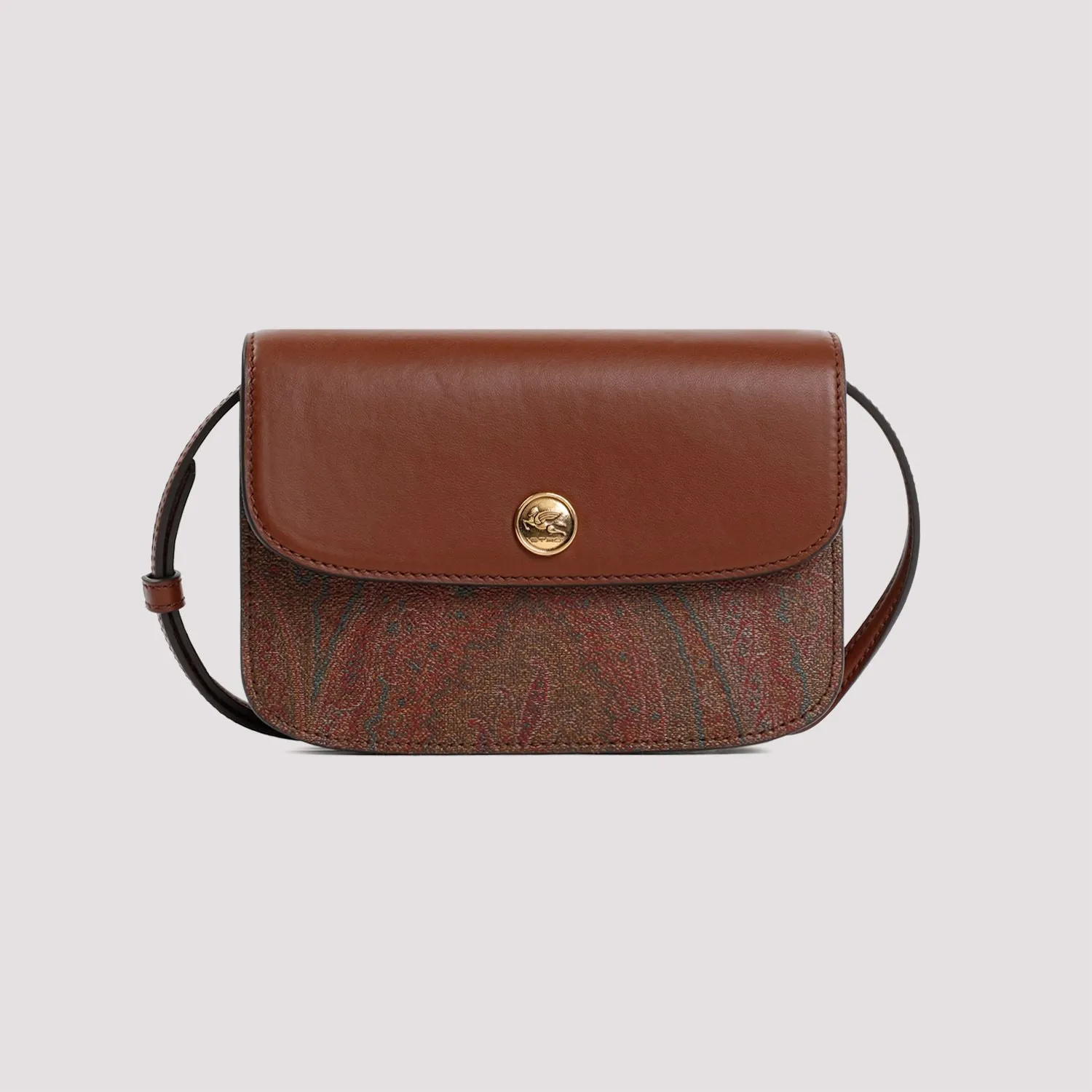 ETRO Essential Paisley Mini Crossbody Bag with Leather Flap and Suede Interior, Adjustable Strap - Brown