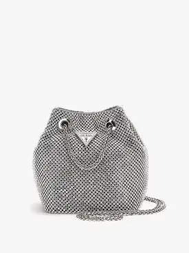 GUESS Lua Rhinestone Mini Bucket Bag Silver