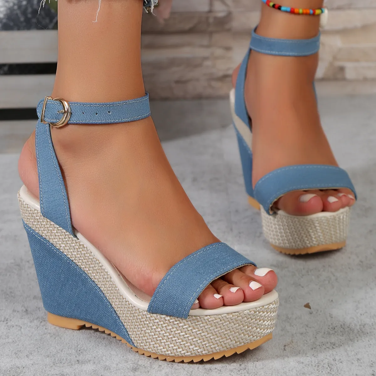 High Heel Denim Ankle Strap Sandals